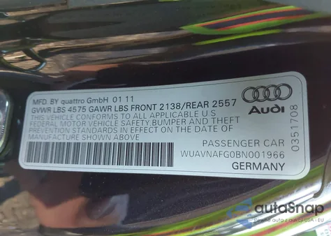 2011 Audi R8 5.2 z USA, uszkodzony, nr VIN WUAVNAFG0BN001966